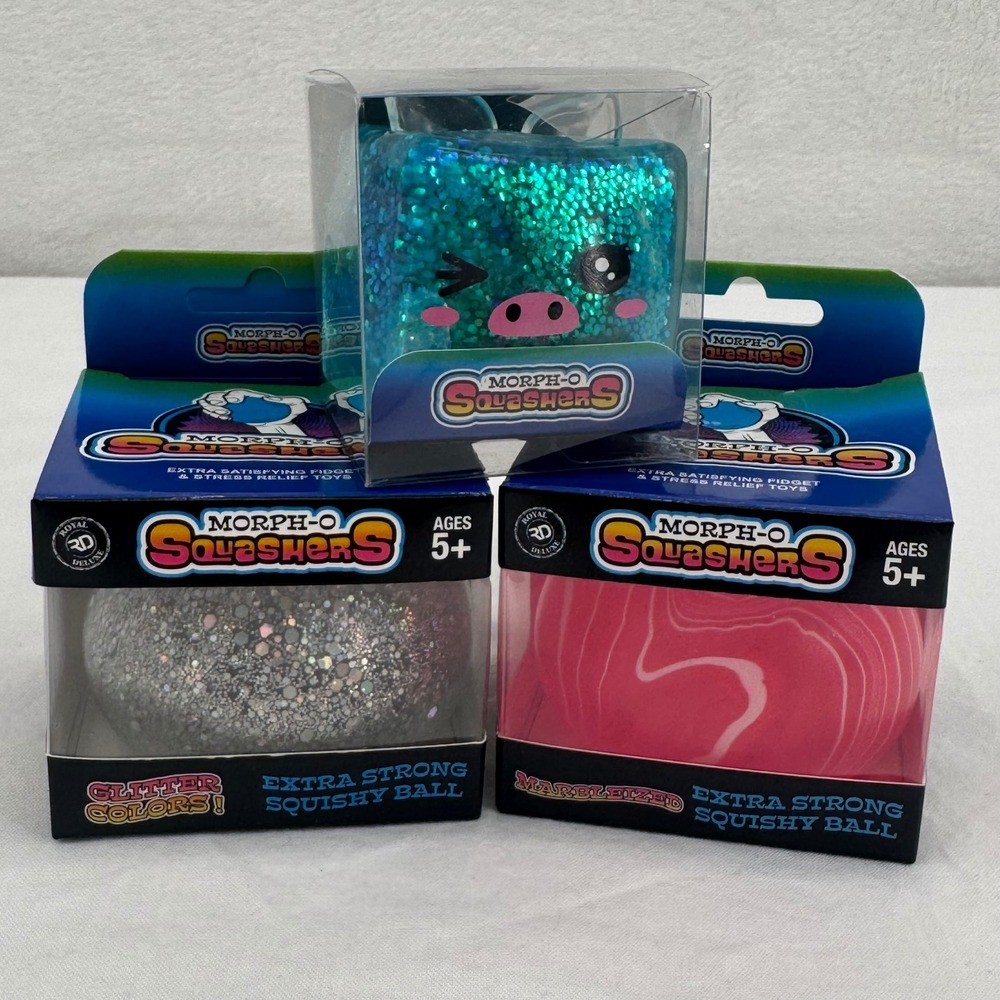Morph-O Squashers Squishy Fidget Set 3pk Sparkle, Marble Ball & Glitter Pig Cube